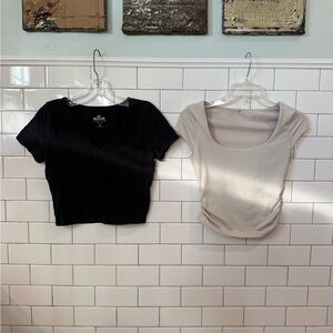 Hollister Black V-Neck & SHEIN Beige Scoop Crop Tee Set